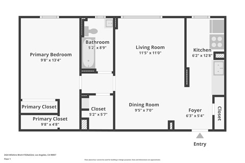 A floor plan of a one bedroom apartment.